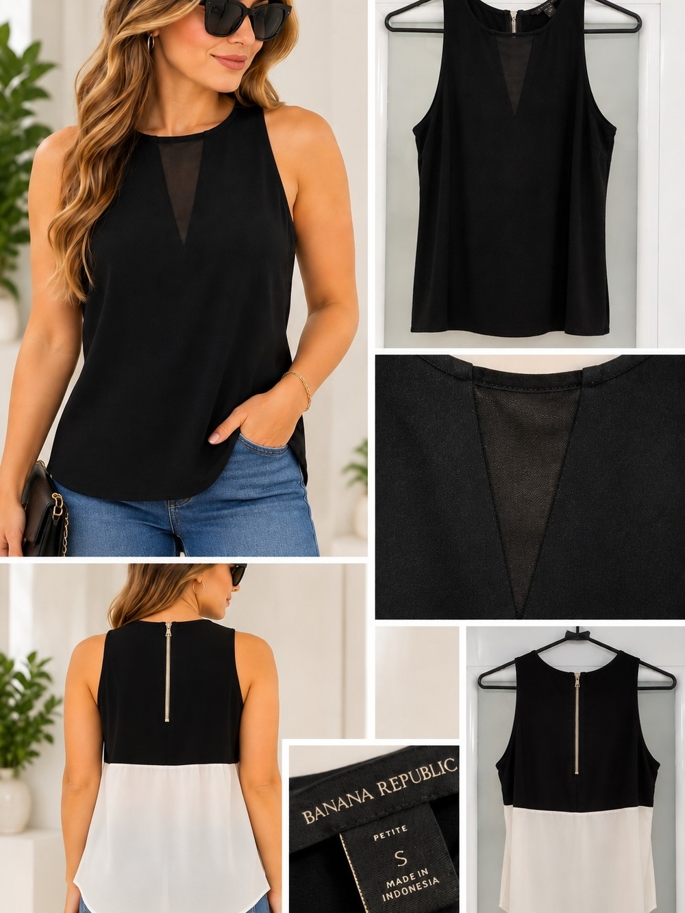 Banana Republic Petite S Black & White Sleeveless Mesh-Inset Top